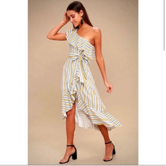 Lulus Dresses & Skirts - Lulus High Tide ivory white yellow striped ruffle one shoulder dress size Medium